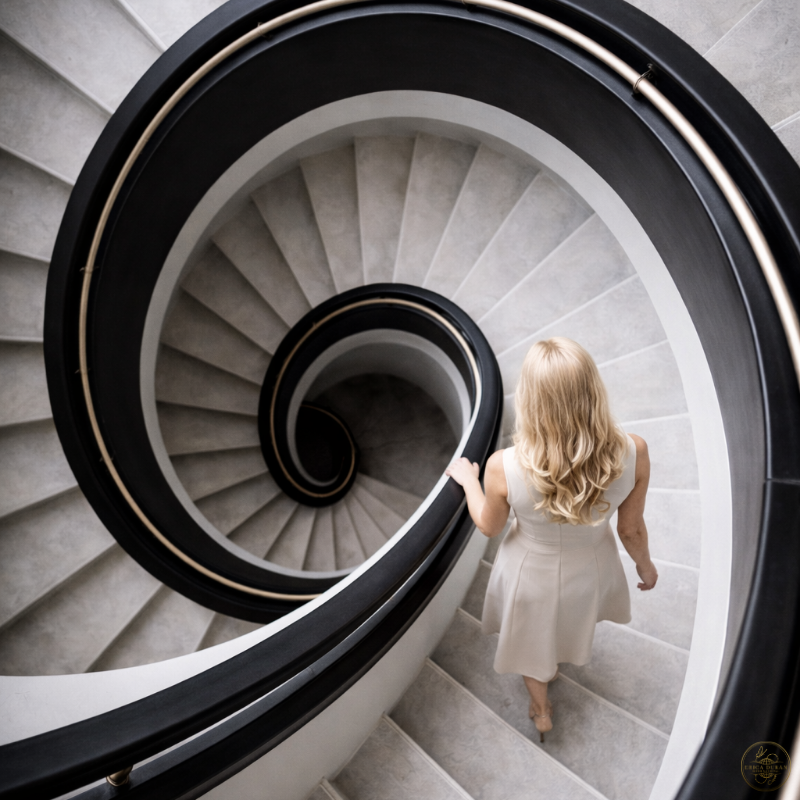 Erica Duran overlooking the ocean from a balcony, symbolizing clarity, structure, and intentional presence.