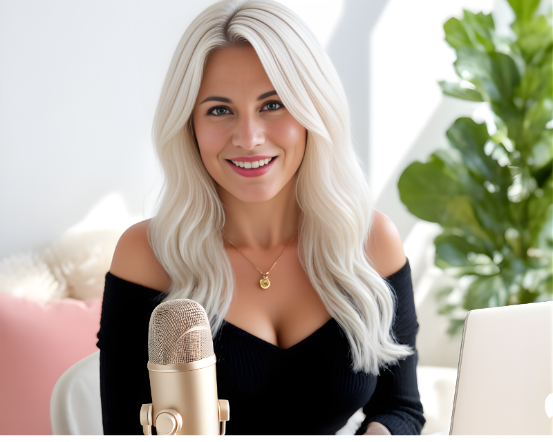 Erica Duran recording a podcast episode in a light-filled studio with a gold microphone, representing business authority and private access audio.