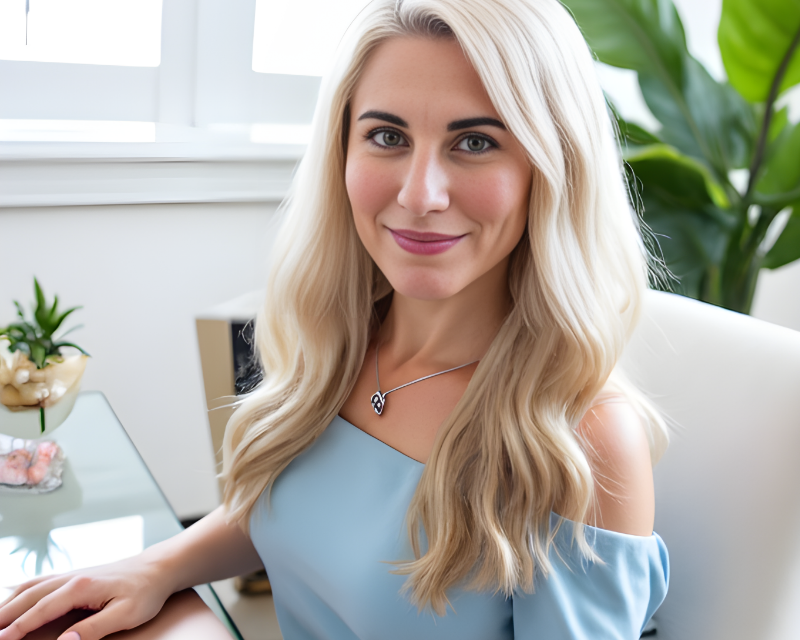 Erica Duran Headshot – Presence to Paid Micro Messaging Bundle Erica Duran smiling at her desk in a light blue dress, bright office background with plants.